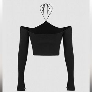 New- Knit Halter Off-shoulder Long Sleeve Top (M) Cider